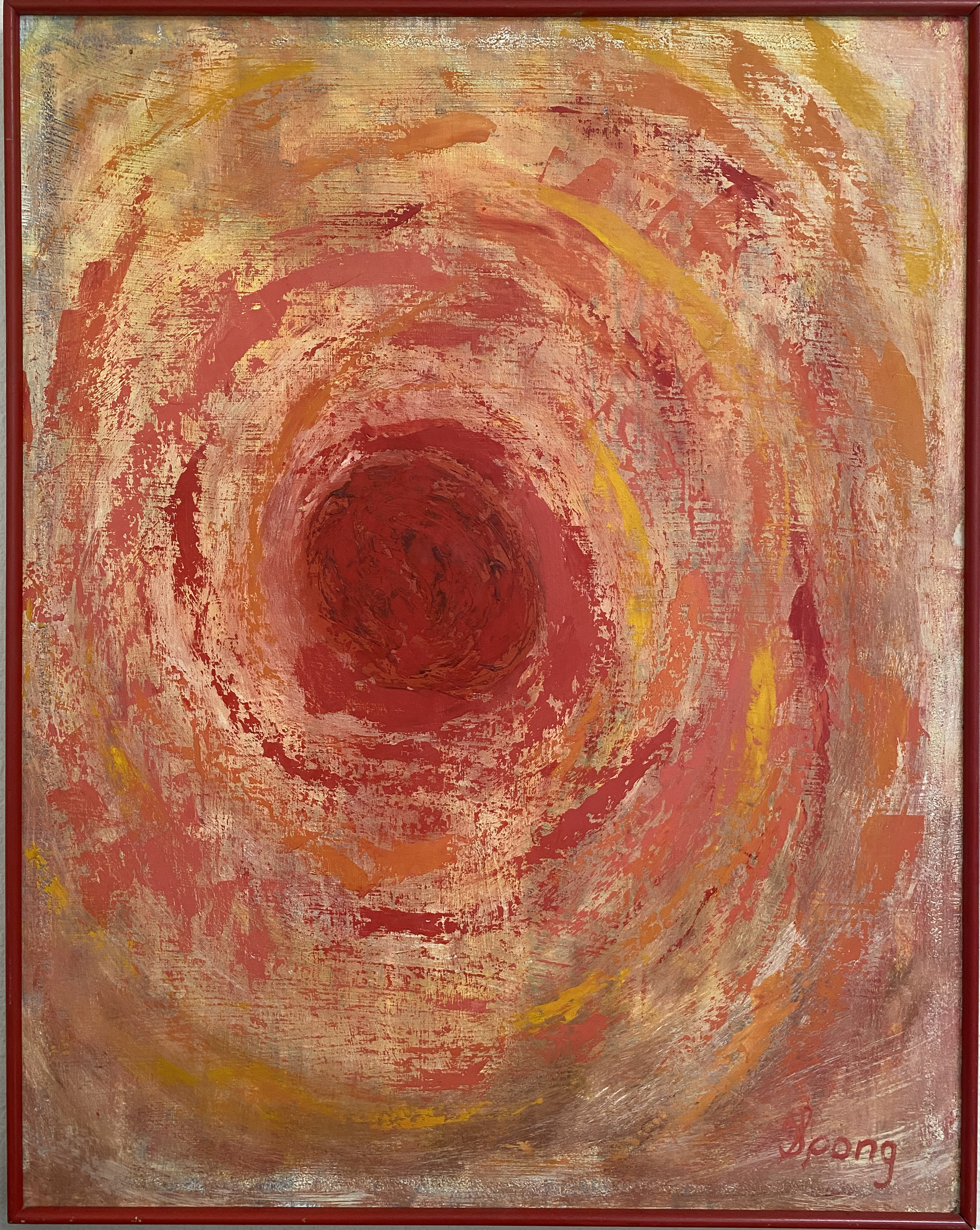 Carol Spong's artwork Being Born, oil on canvas, shows a red swirl on a yellow, pink and red background.